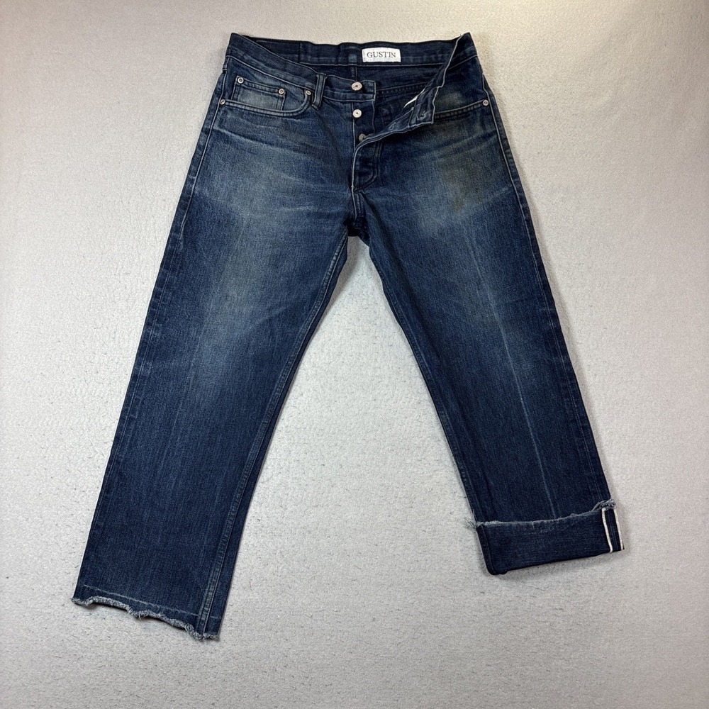 Gustin Jeans Mens 33x26 Blue Fit Raw Selvedge Denim Button Fly Dark Wash Raw Hem